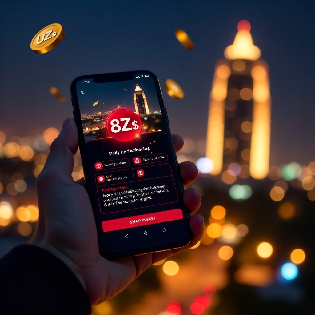A hand holding a luxury smartphone displaying the official 888starz Uzbekistan app with its signature red and black interface, background is the Tashkent City skyline and Hilton tower at night with vibrant golden bokeh lights, 3D golden coins with UZS sym
